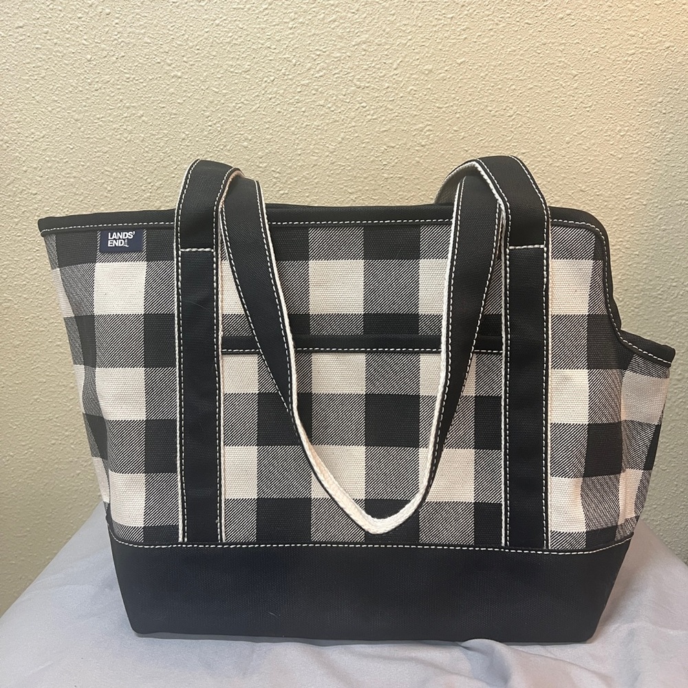 NEW Lands’ End Pet Canvas Tote Carrier Black and Natural Buffalo Check